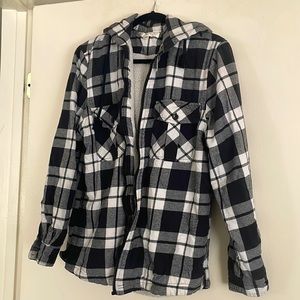 Vintage Grunge Black and White Plaid Flannel Fleece Lined Hooded Jacket